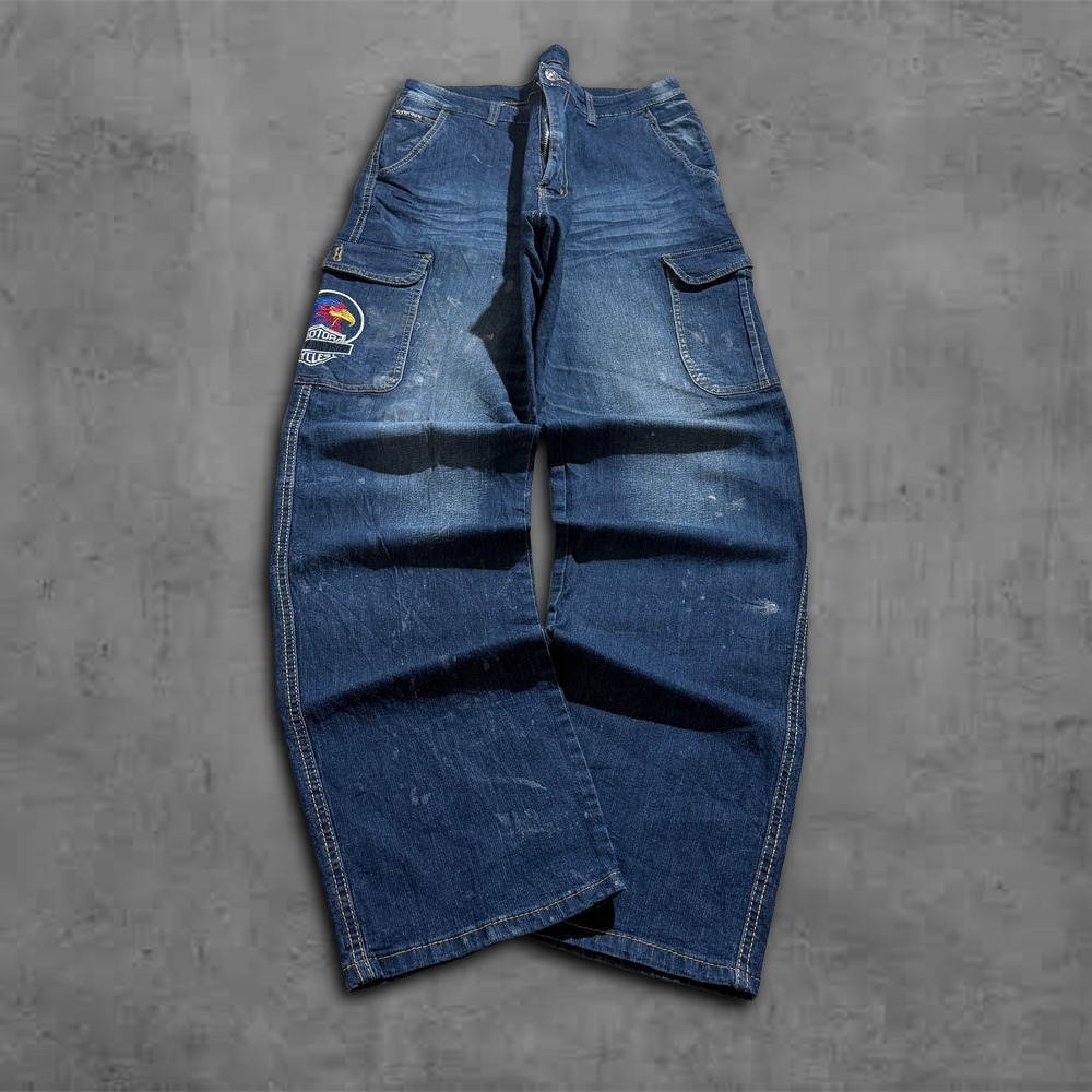 Harley Davidson‎ Baggy Denim Cargo Jeans Embroidered Eagle Patch Y2k Style 33x